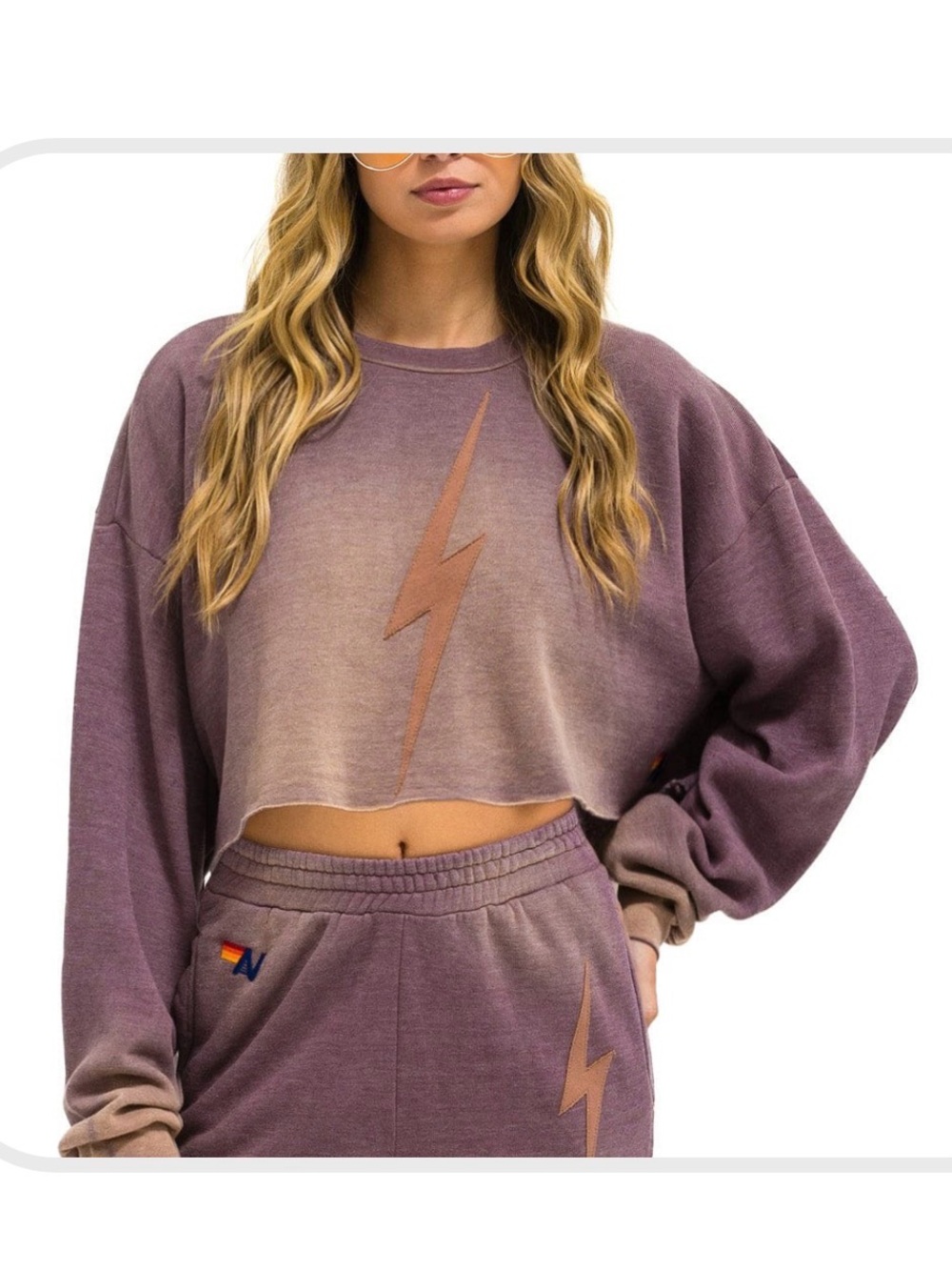 Aviator Nation Washed Plum Cropped Sweatshirt with Bolt Graphic